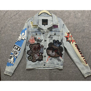 Majestik Denim Jacket Sz M Blue Graphic Rhinestones Rebellion King - SIZE NOTE